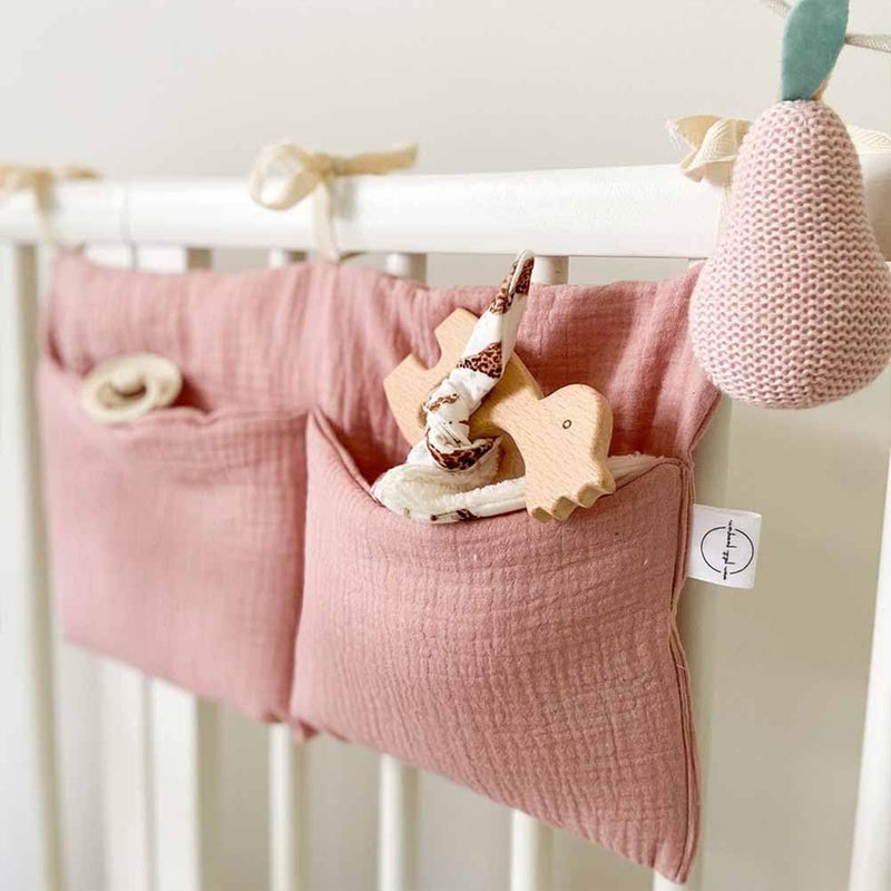 YeeMan Cotton Baby Bedside Hanging Storage Bag,2 Pockets Organizer for Baby Cribs and Toys (Pink) - Image 1